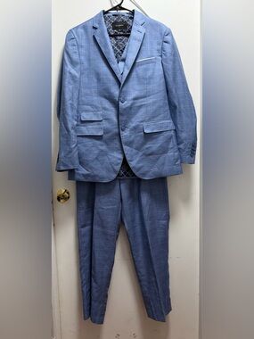 Statement Italy Confidence Wool 3-Piece Suit Blue Windowpane 40R Coat 34R Pants